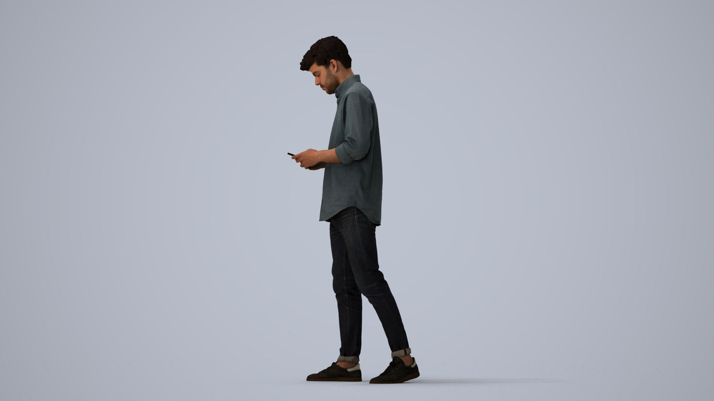 photogrammetry 3D man casual walking, realistic human model archviz FBX, three-quarter view render