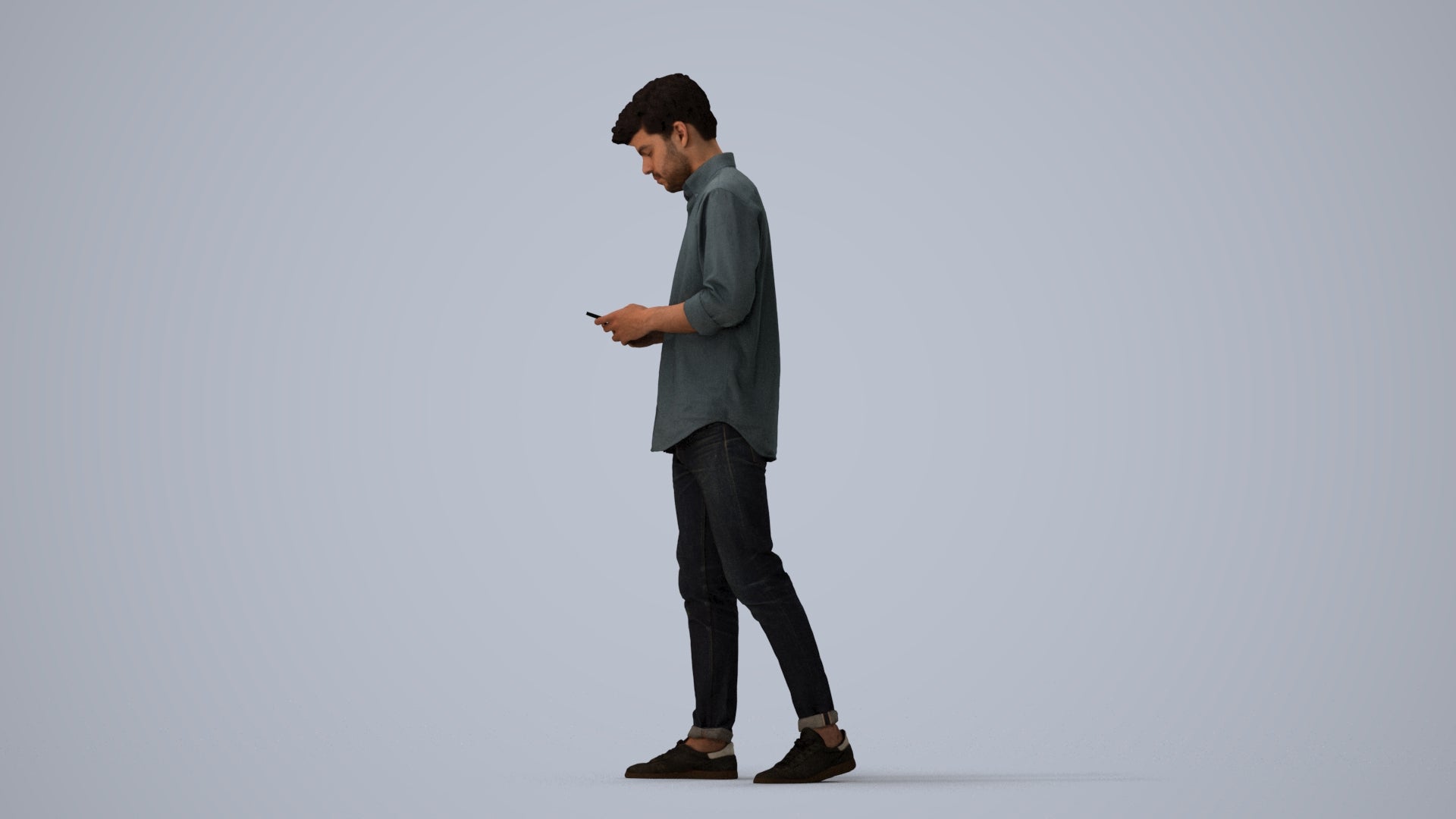 photogrammetry 3D man casual walking, realistic human model archviz FBX, three-quarter view render