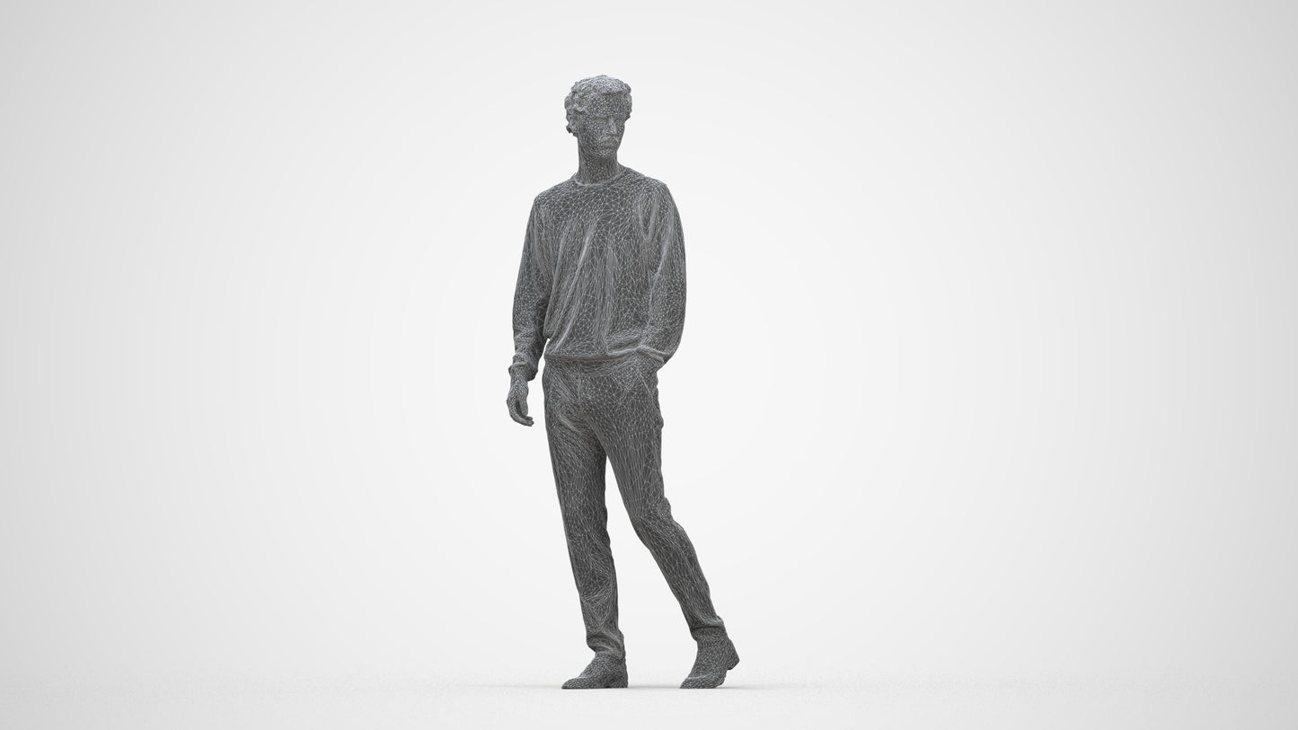 realistic 3D human man casual walking, archviz people FBX OBJ for Blender, wireframe back view