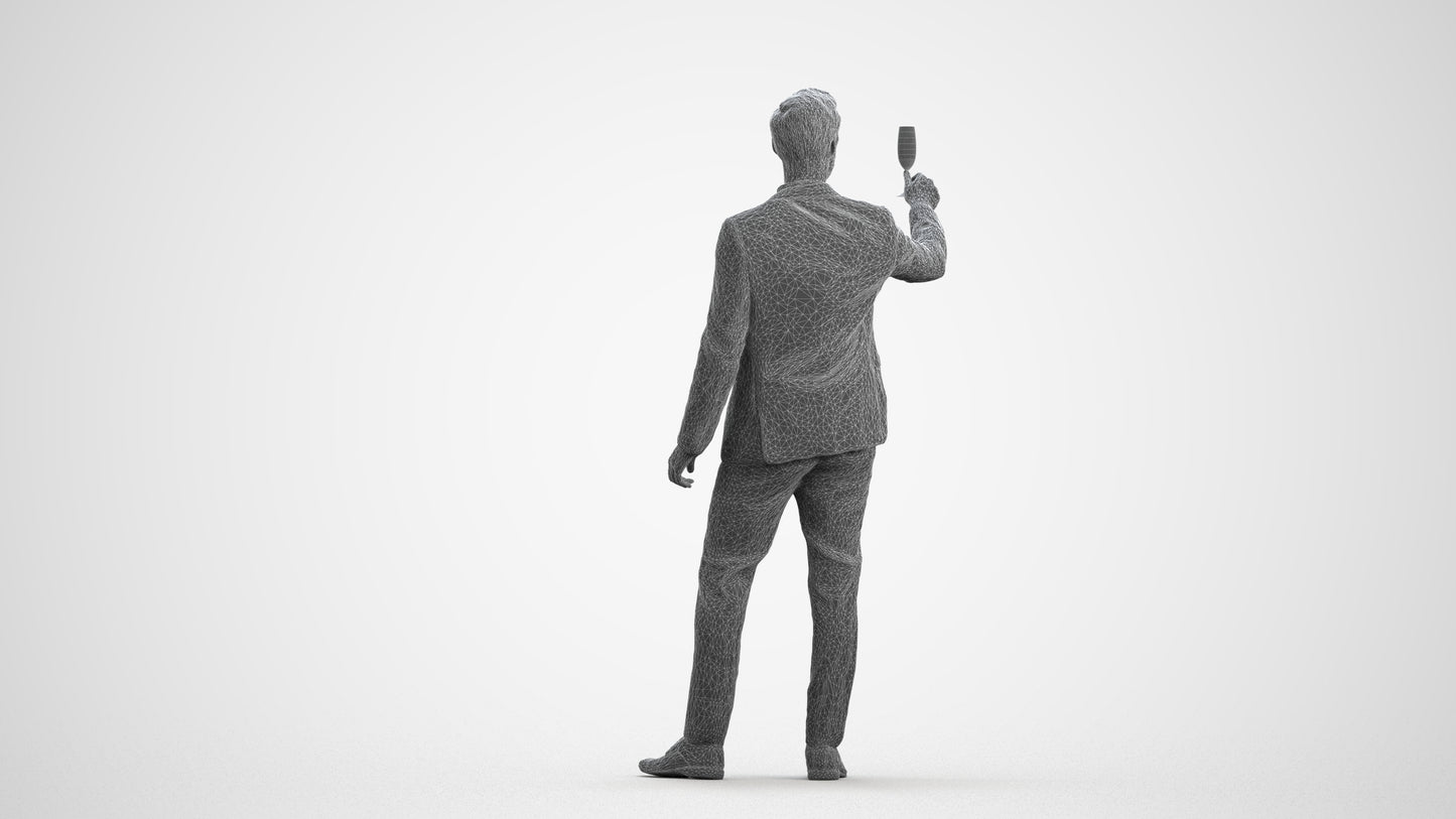 3D human model man formal cycling, photogrammetry scanned person for archviz, wireframe front view