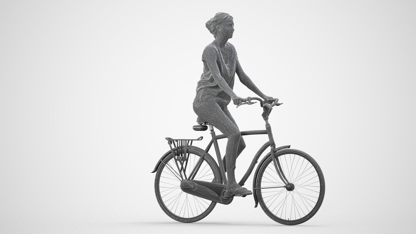 3D people model woman casual cycling, scanned human for 3ds Max rendering, wireframe side view