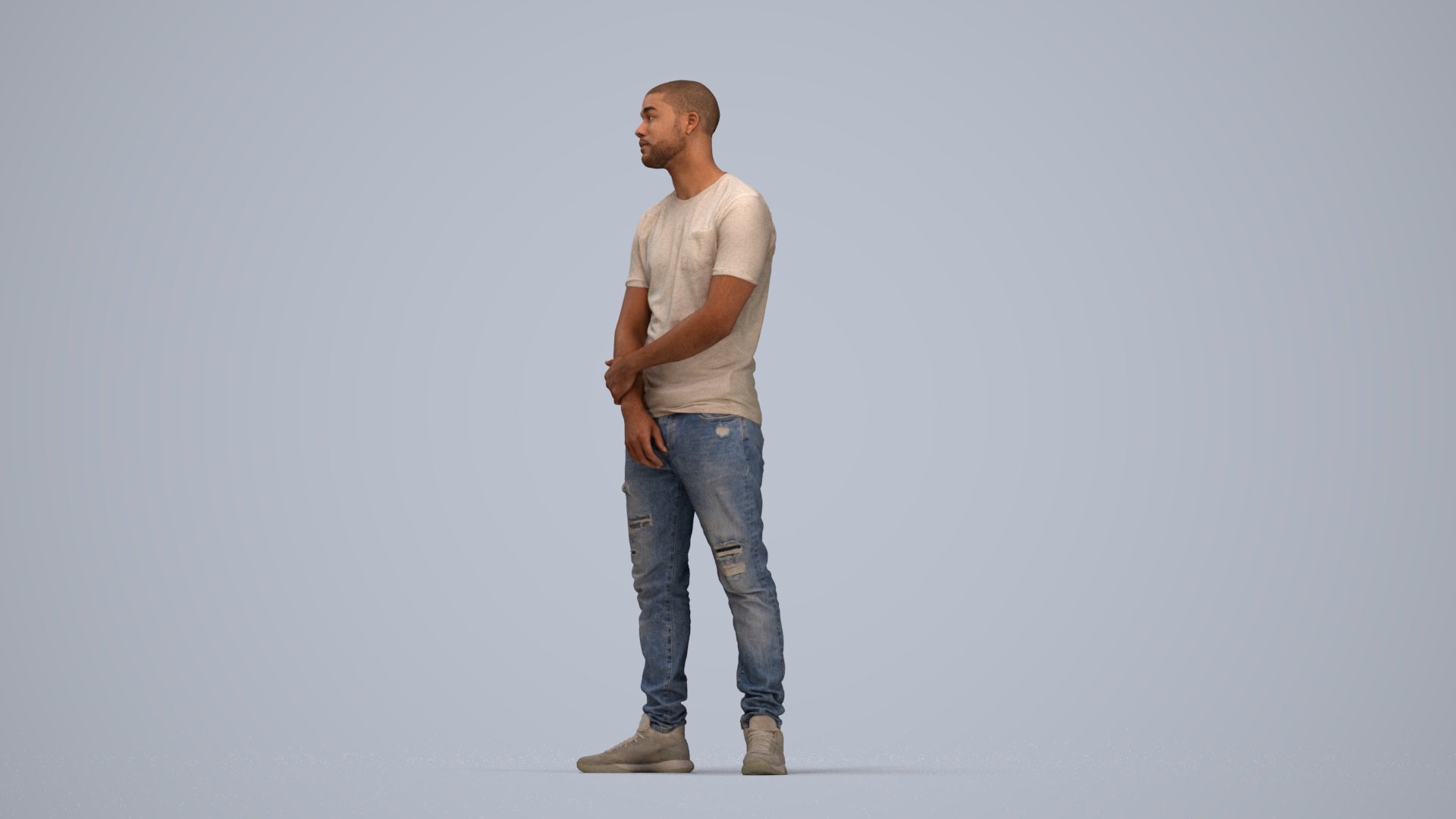 3D human model man casual standing, photogrammetry scanned person for archviz, top-down view render