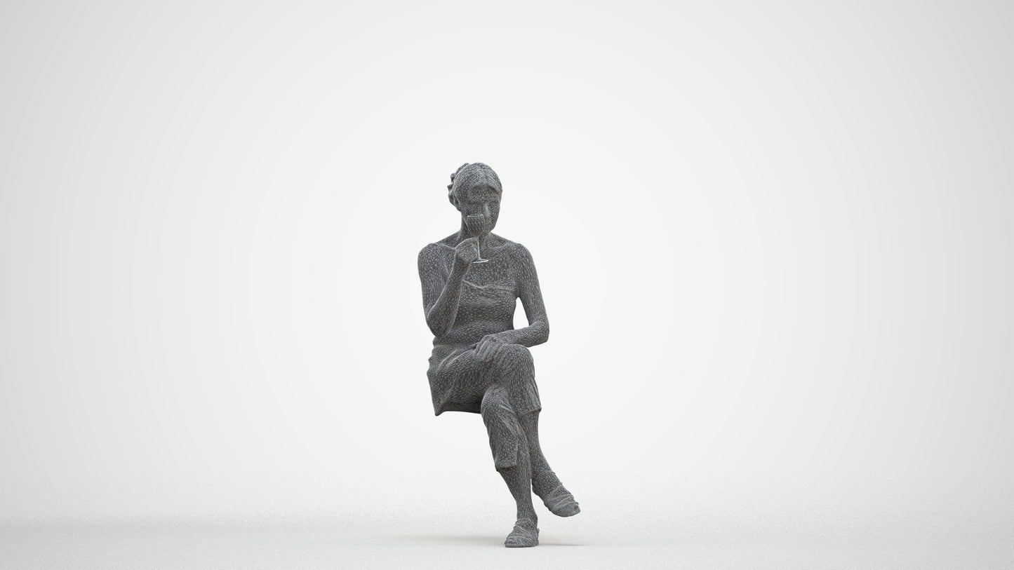 scanned 3D senior woman casual sitting, photogrammetry people for Enscape and V-Ray, three-quarter front view render