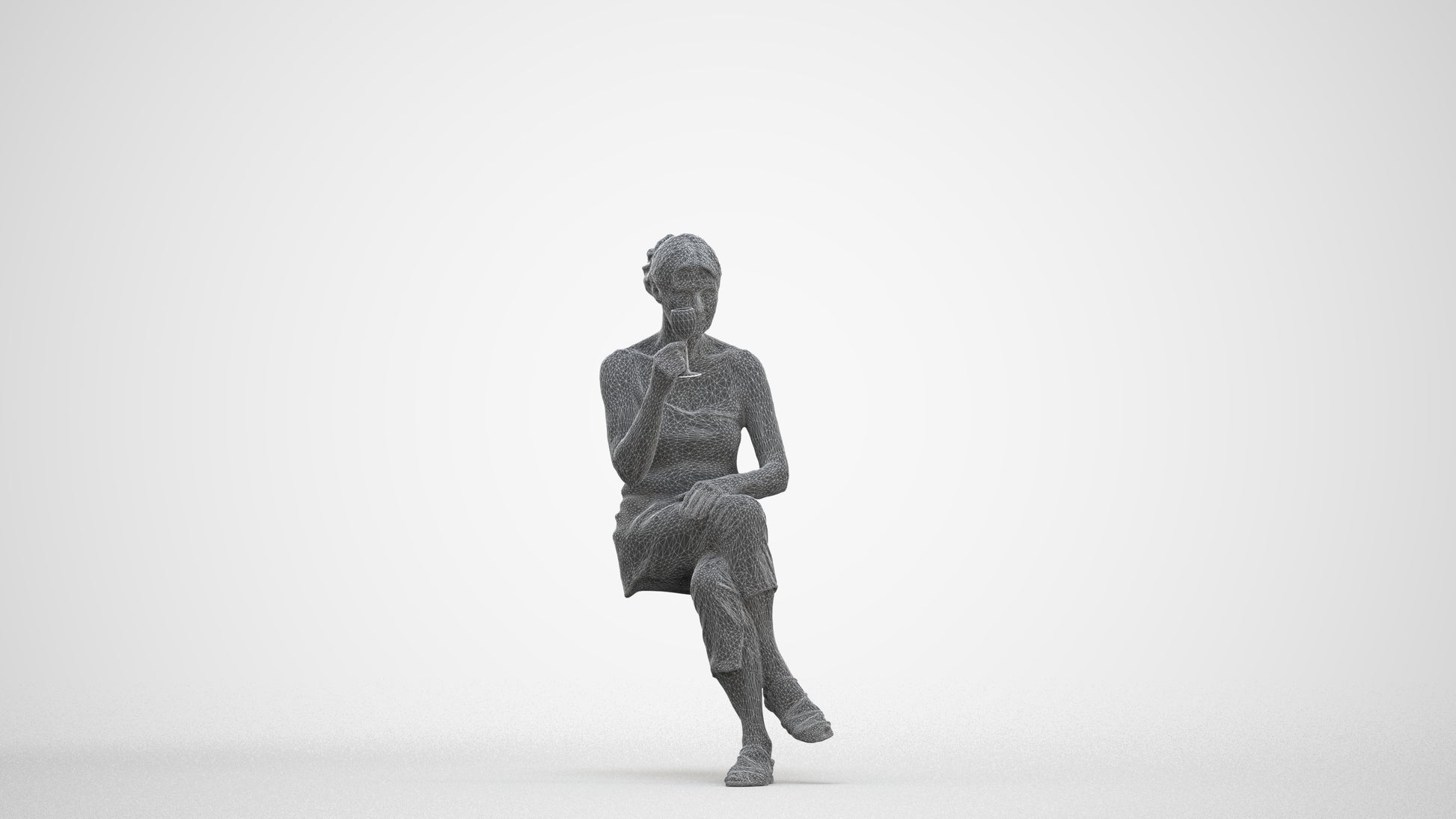 scanned 3D senior woman casual sitting, photogrammetry people for Enscape and V-Ray, three-quarter front view render