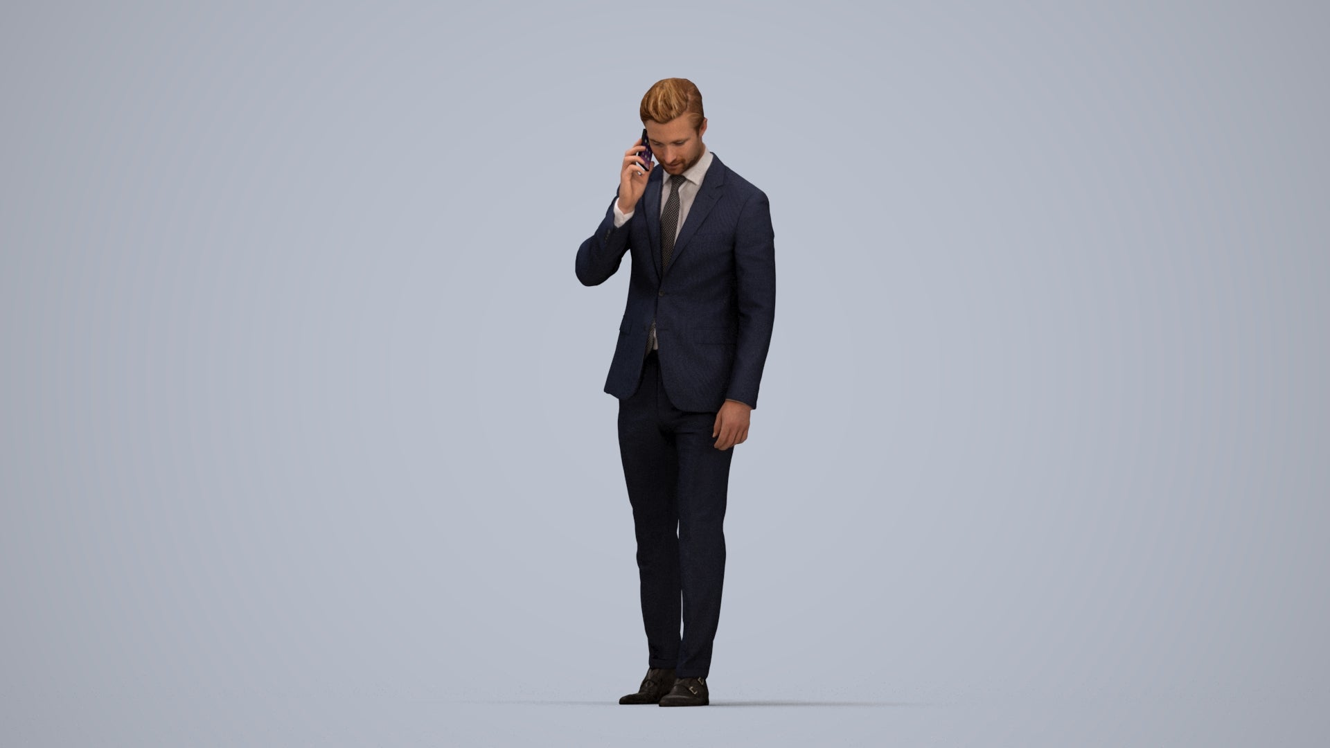 3D human model man business, photogrammetry scanned person for archviz, top-down view render