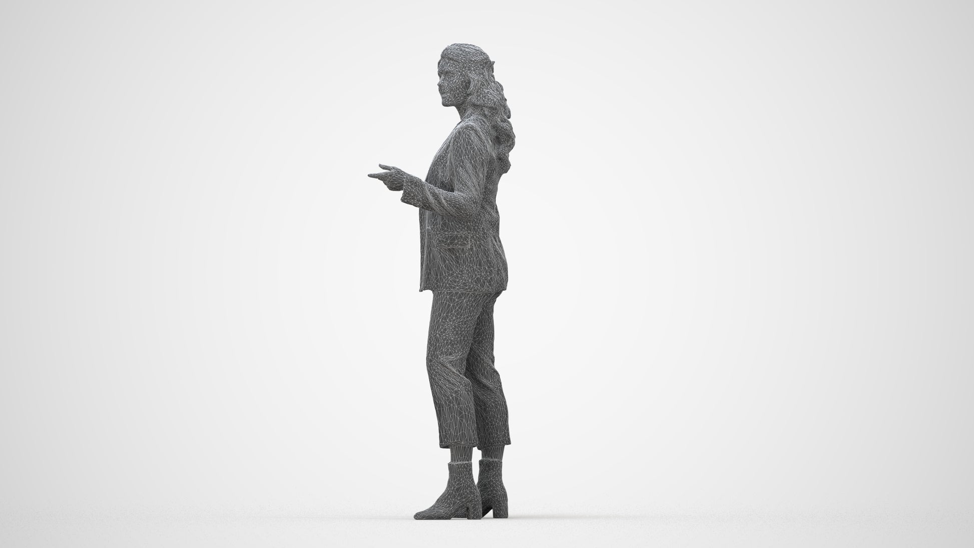 3D human model woman business, photogrammetry scanned person for archviz, wireframe back view