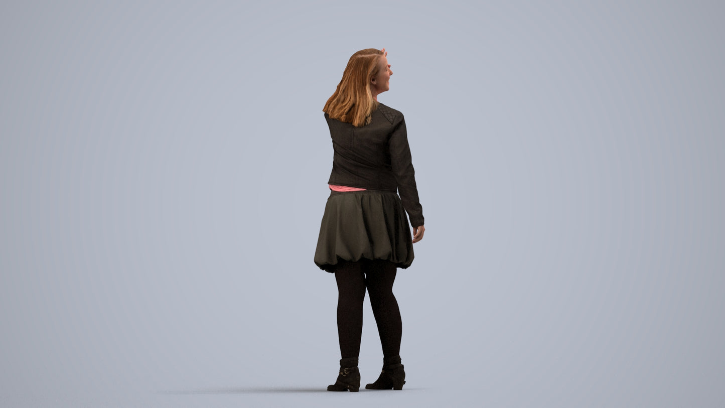 3D human model woman casual standing, photogrammetry scanned person for archviz, side view render