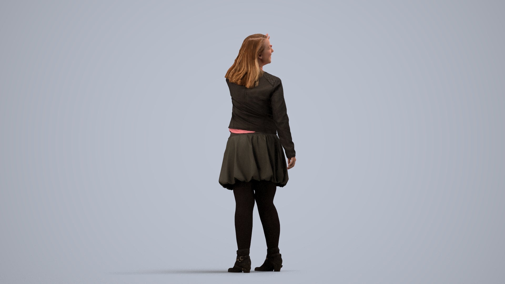 3D human model woman casual standing, photogrammetry scanned person for archviz, side view render