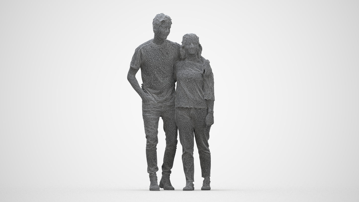 3D human model woman casual couple, photogrammetry scanned person for archviz, wireframe back view