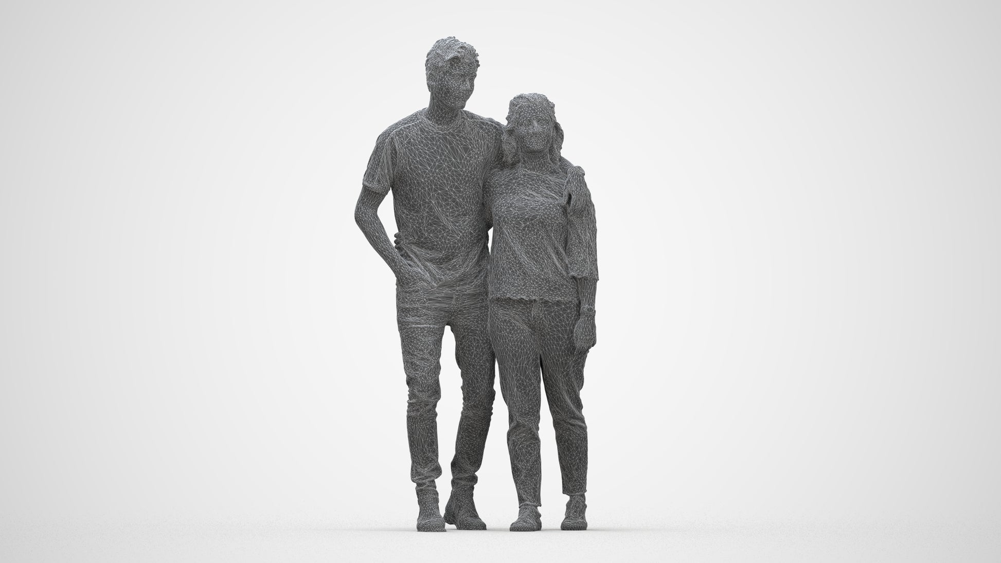 3D human model woman casual couple, photogrammetry scanned person for archviz, wireframe back view