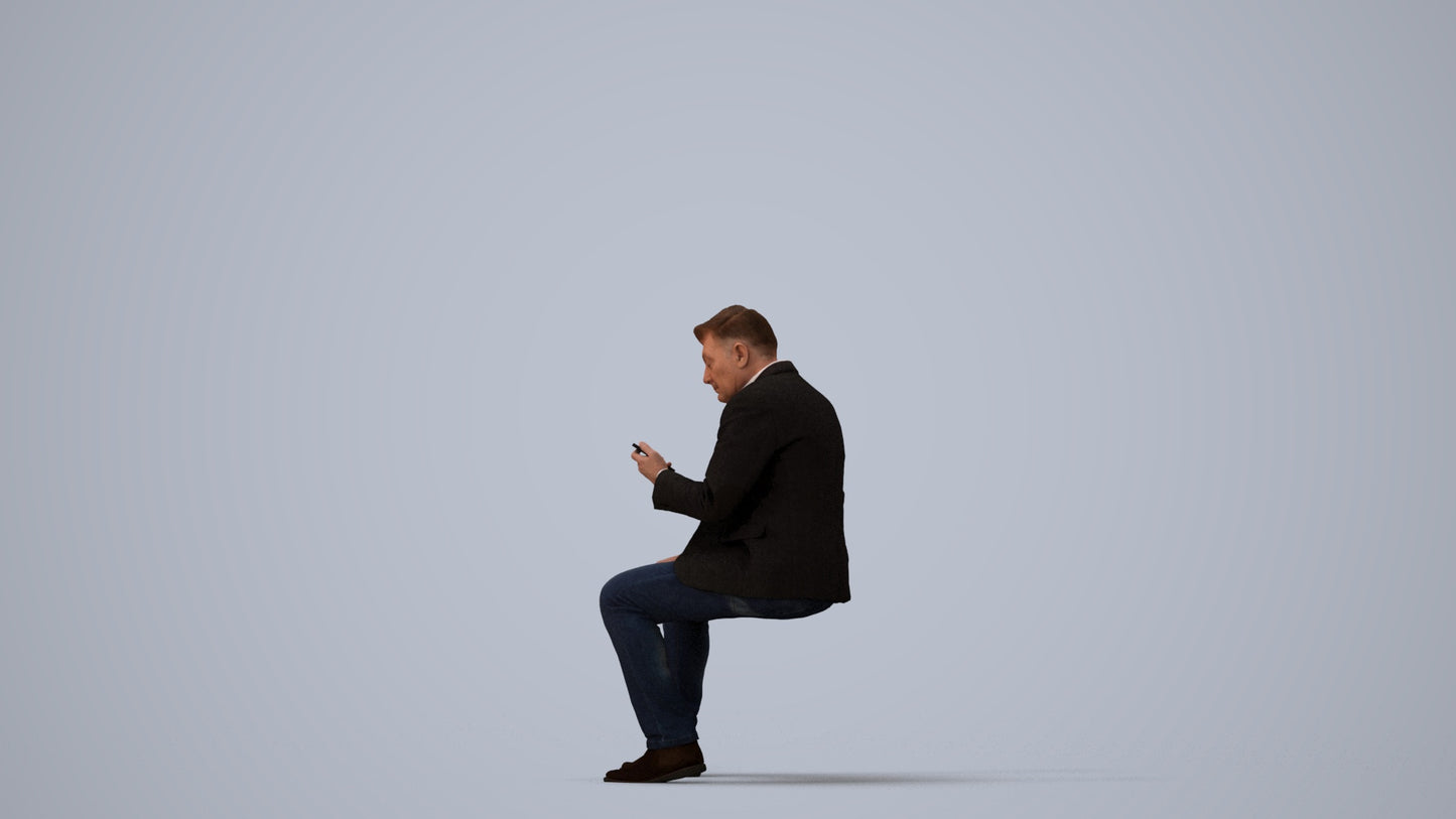 3D scanned man sitting business, photorealistic archviz people for Enscape and SketchUp, three-quarter view render