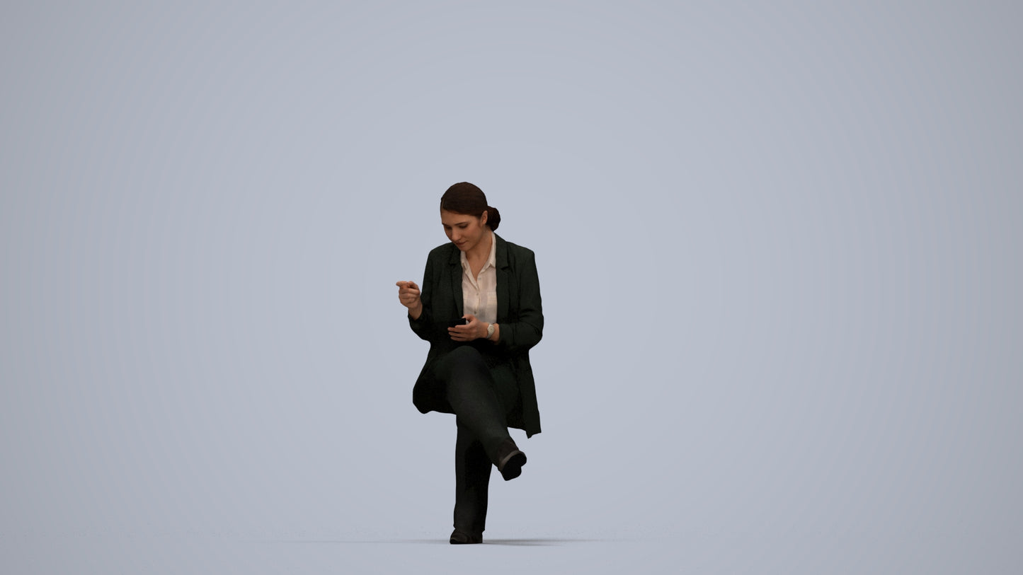 3D human model woman business, photogrammetry scanned person for archviz, top-down view render