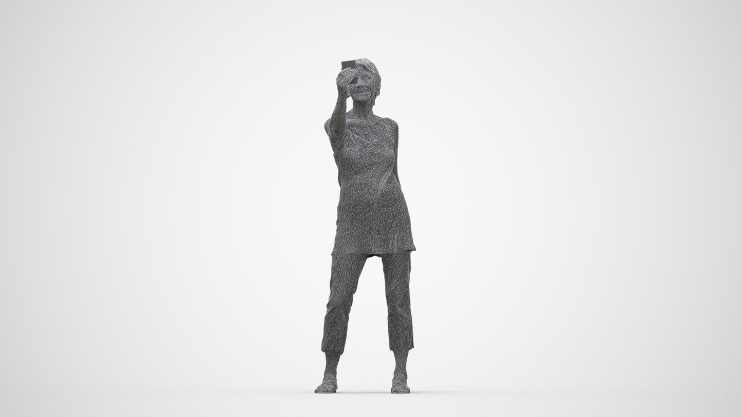 3D human model senior woman casual standing, photogrammetry scanned person for archviz, wireframe back view