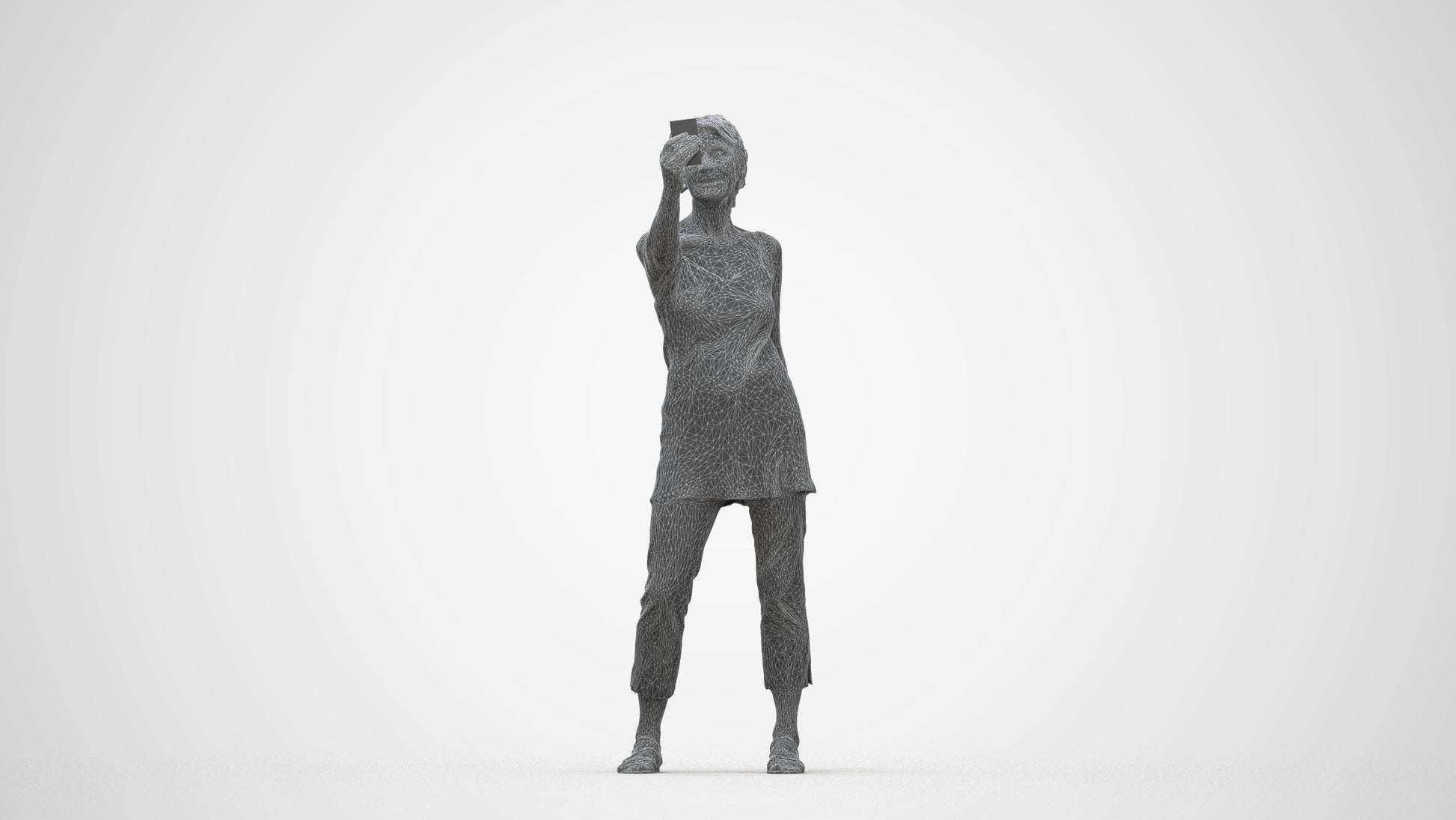 3D human model senior woman casual standing, photogrammetry scanned person for archviz, wireframe back view