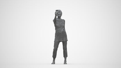 3D human model senior woman casual standing, photogrammetry scanned person for archviz, wireframe back view