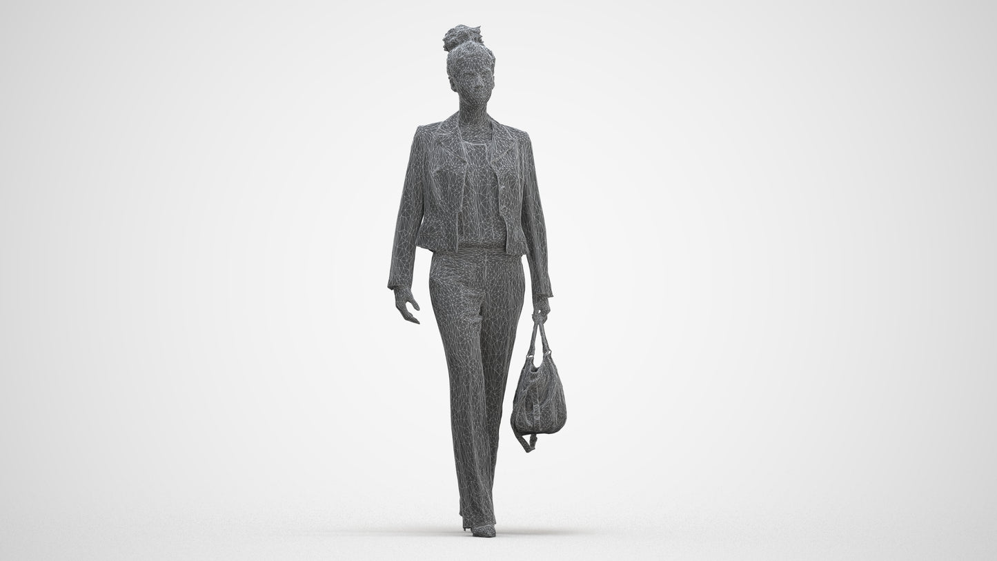 realistic 3D woman business walking, scanned archviz people for Blender and 3ds Max, three-quarter front view render