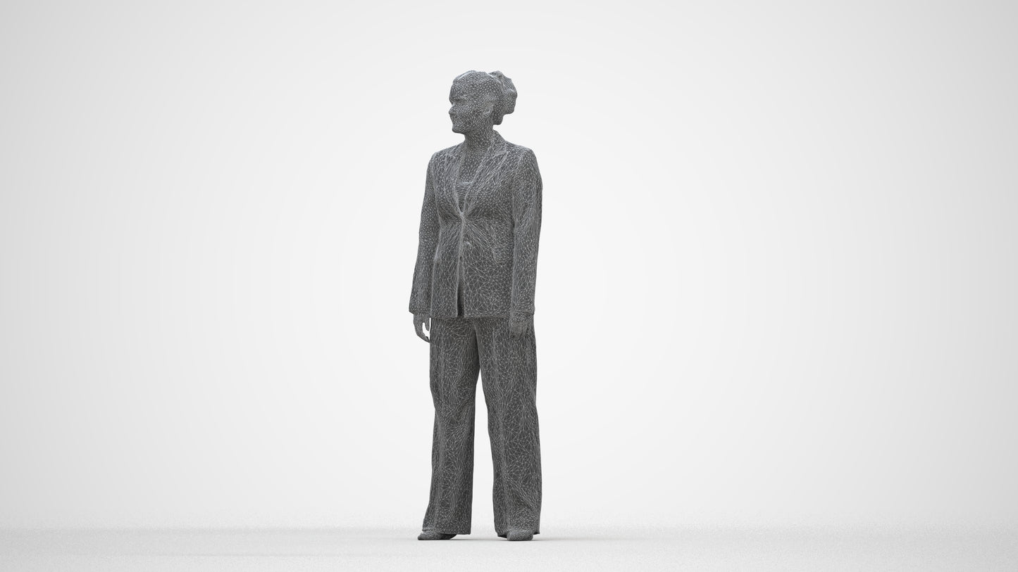 3D scanned woman standing business, photorealistic archviz people for Enscape and SketchUp, wireframe back view