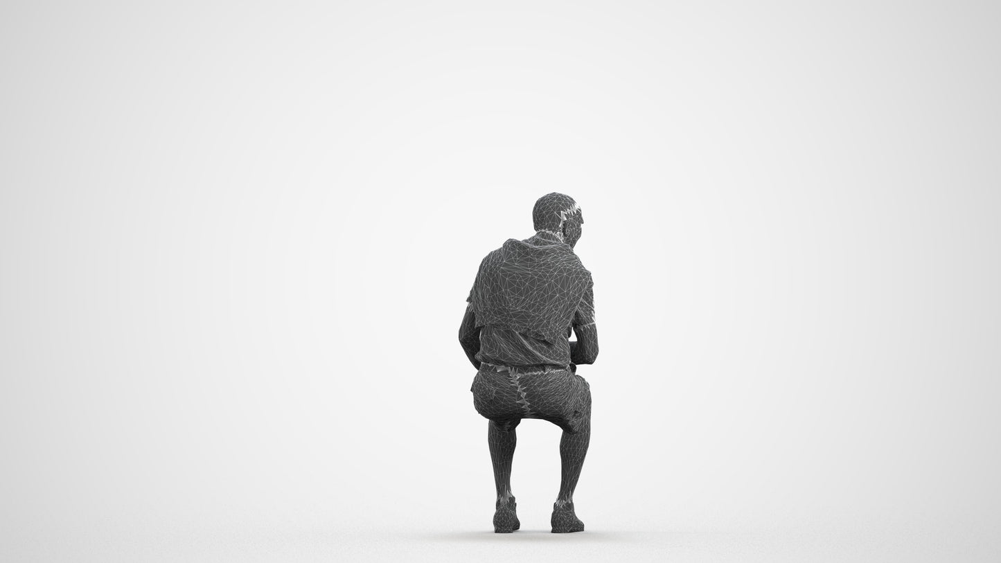 scanned 3D senior man casual sitting, photogrammetry people for Enscape and V-Ray, wireframe front view