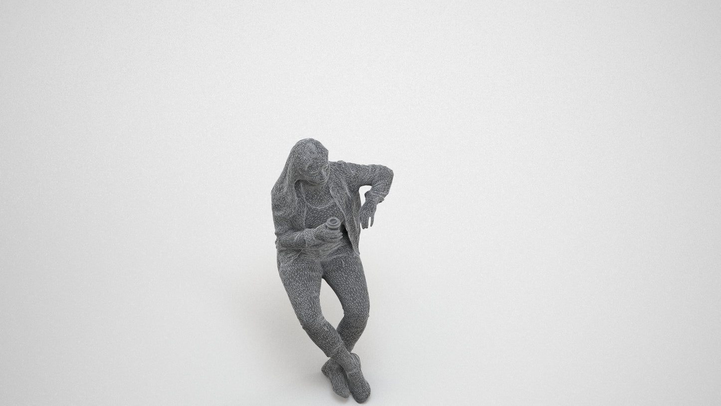 3D people model woman casual sitting, scanned human for 3ds Max rendering, wireframe three-quarter view