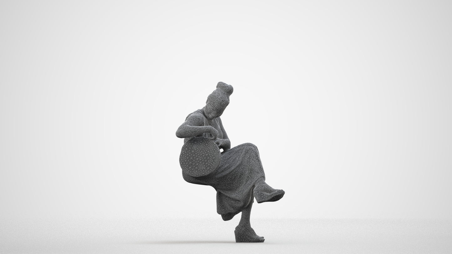 3D people model woman casual sitting, scanned human for 3ds Max rendering, wireframe side view