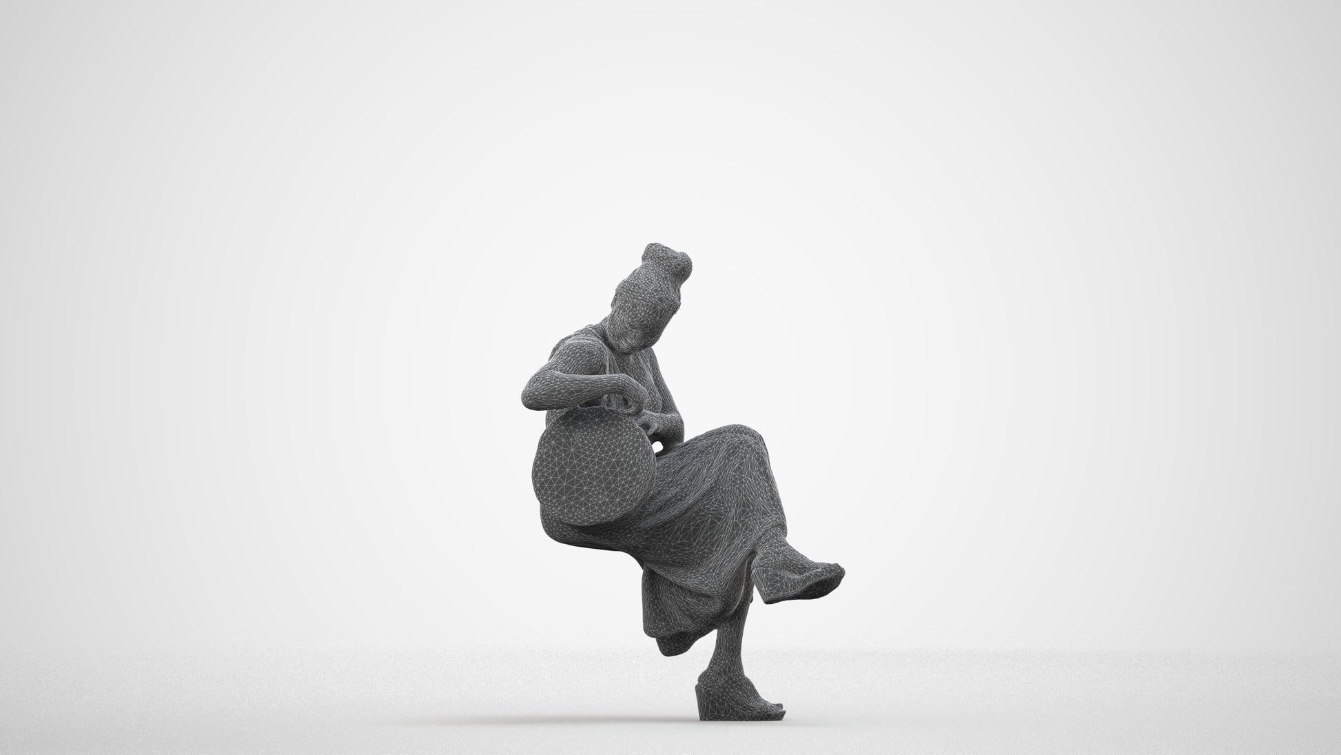 3D people model woman casual sitting, scanned human for 3ds Max rendering, wireframe side view