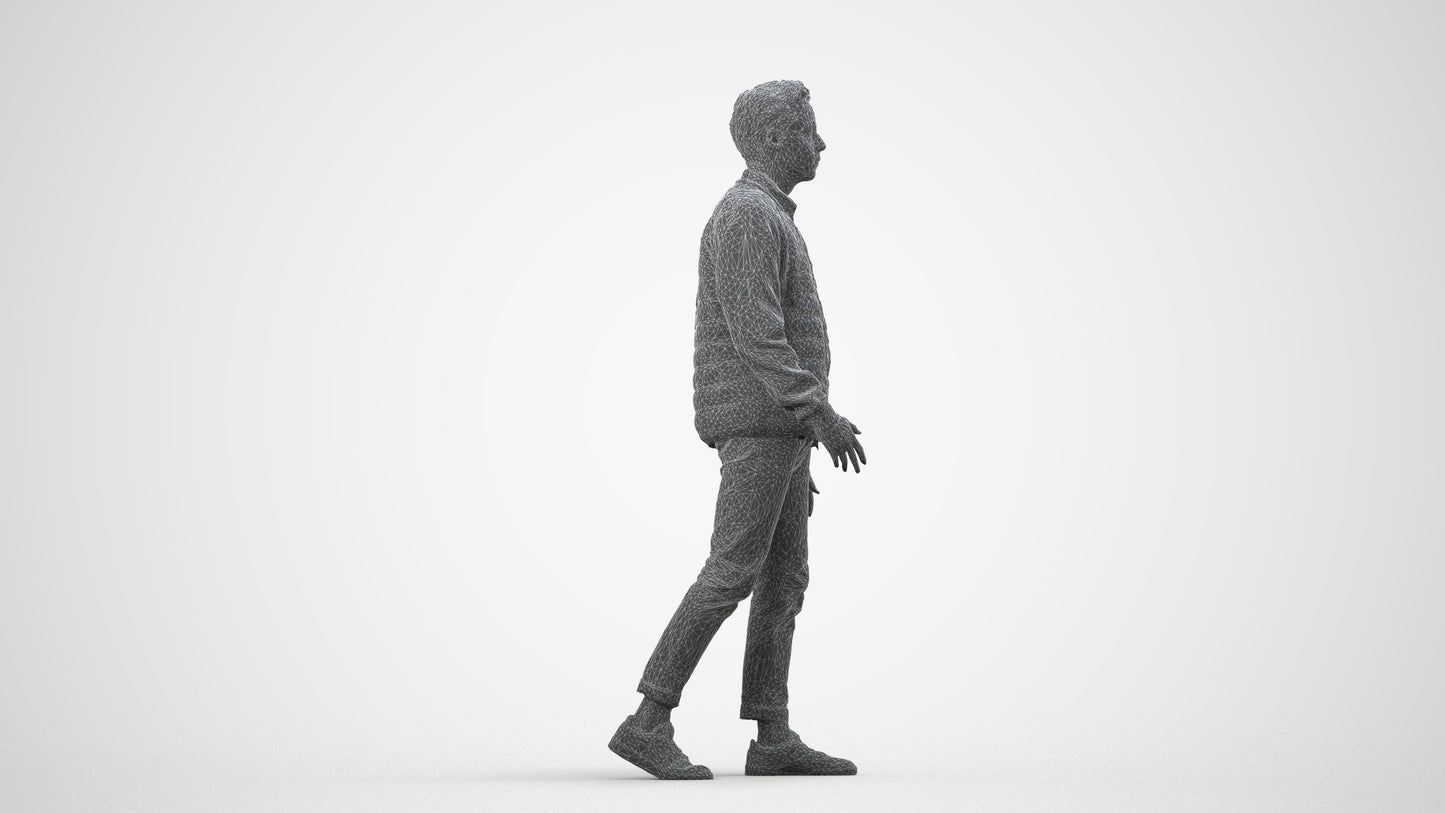 photogrammetry 3D man casual walking, realistic human model archviz FBX, wireframe side view