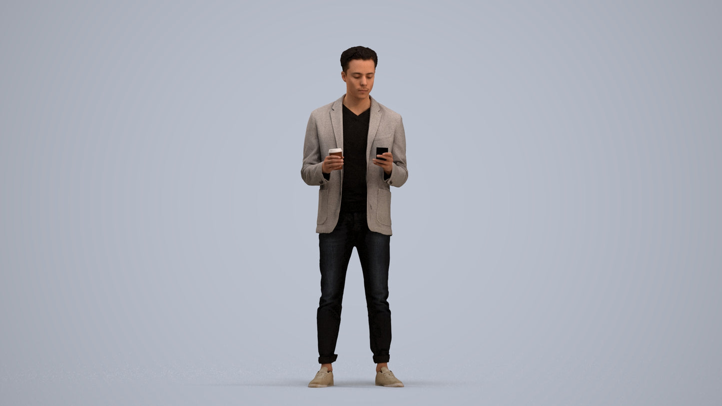 3D human model man business standing, photogrammetry scanned person for archviz, standing pose render