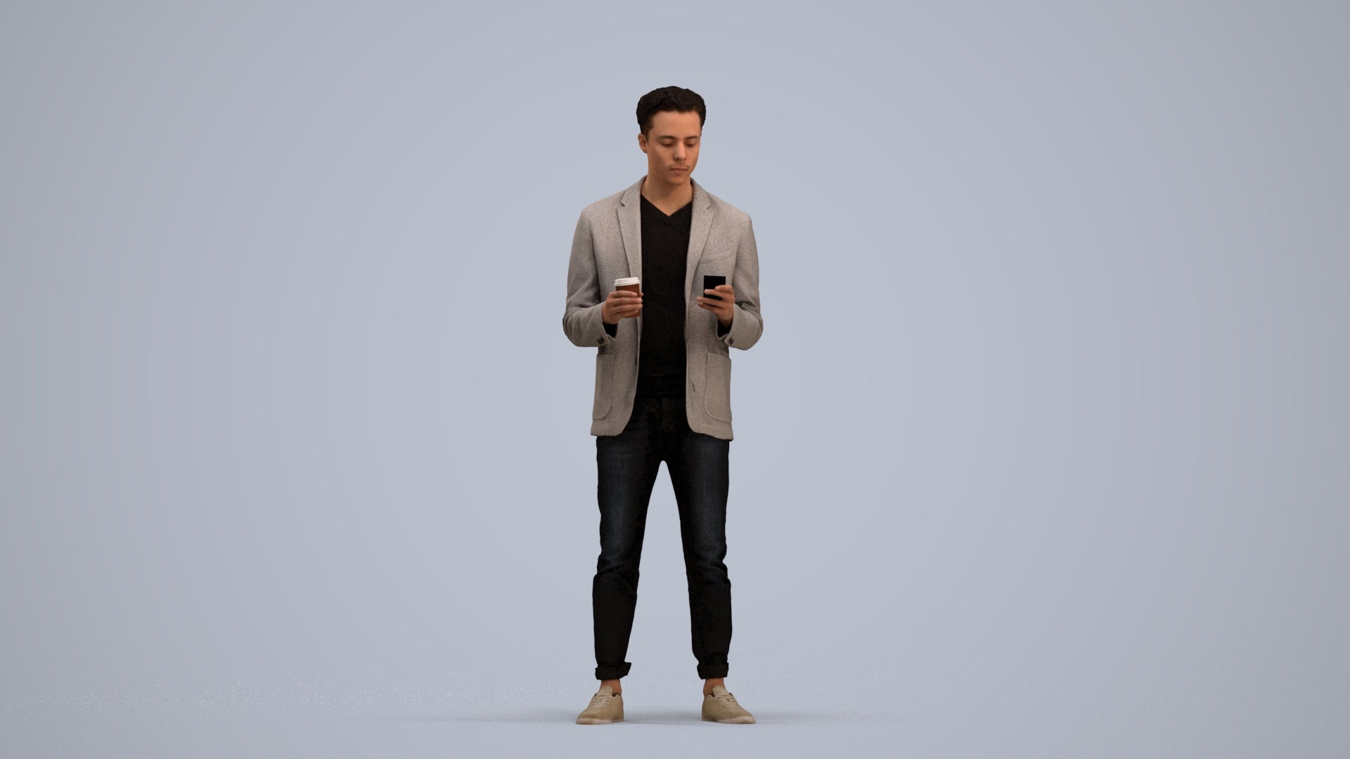 3D human model man business standing, photogrammetry scanned person for archviz, standing pose render