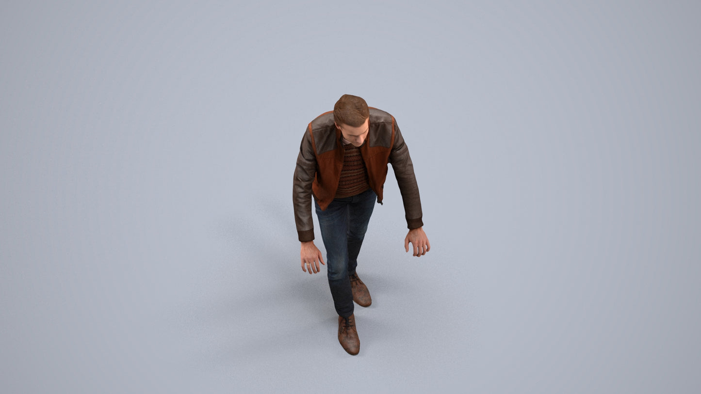 realistic 3D man casual walking, scanned archviz people for Blender and 3ds Max, back view render