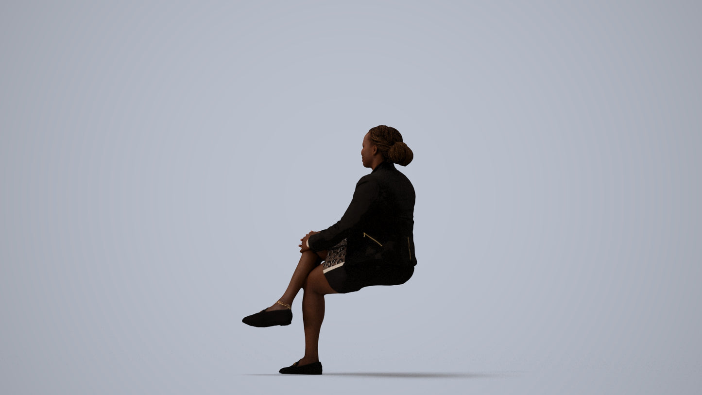 3D human model woman business sitting, photogrammetry scanned person for archviz, three-quarter view render