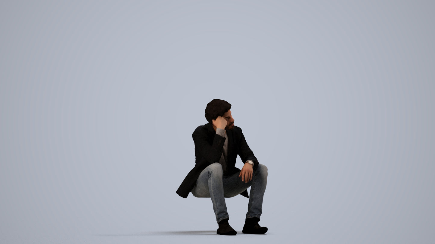 3D human model man casual business, photogrammetry scanned person for archviz, side view render
