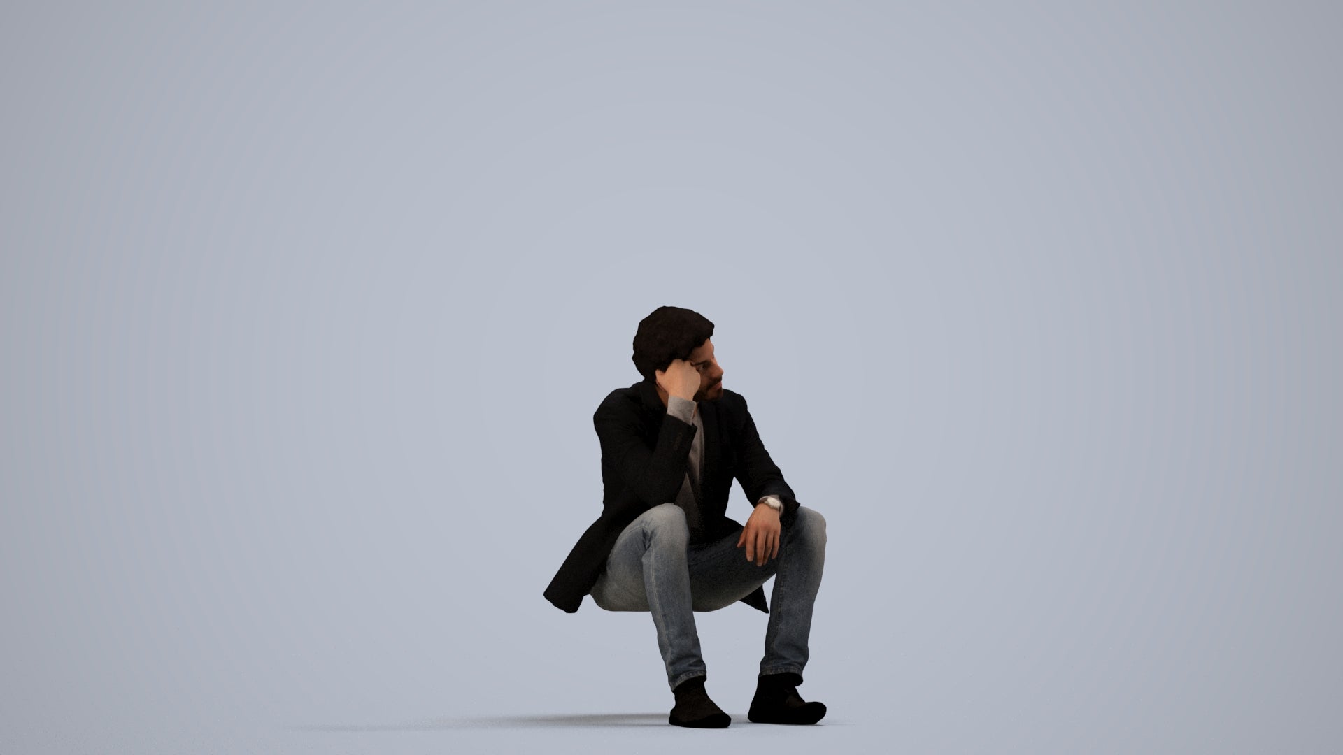 3D human model man casual business, photogrammetry scanned person for archviz, side view render