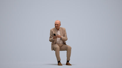 realistic 3D senior man business sitting, scanned archviz people for Blender and 3ds Max, standing pose render