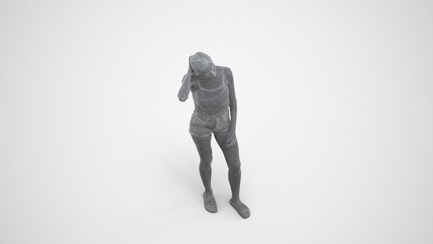 realistic 3D woman casual standing, scanned archviz people for Blender and 3ds Max, wireframe three-quarter view