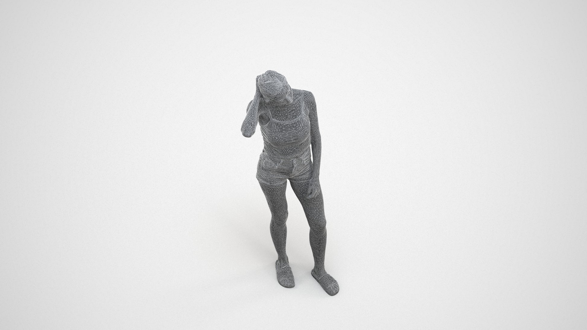 realistic 3D woman casual standing, scanned archviz people for Blender and 3ds Max, wireframe three-quarter view