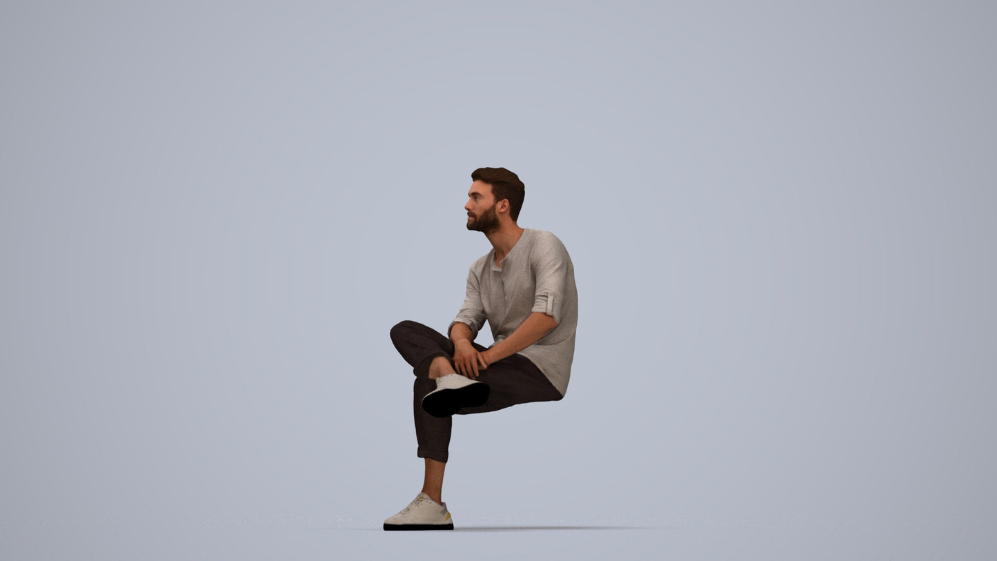 3D people model man casual sitting, scanned human for 3ds Max rendering, top-down view render