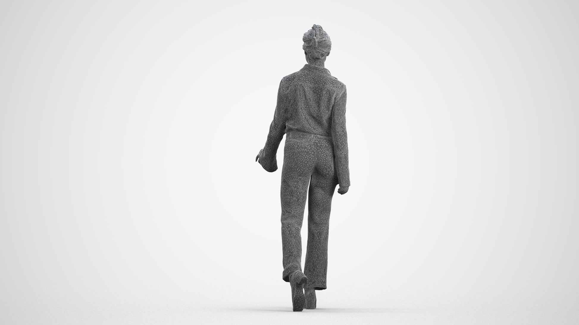 3D human model woman business walking, photogrammetry scanned person for archviz, wireframe front view