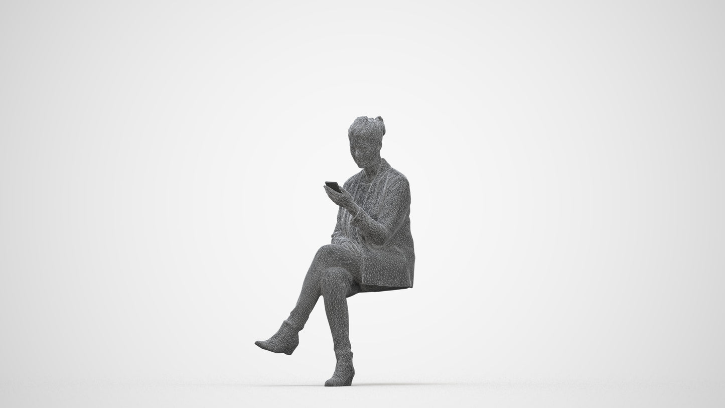 3D scanned woman sitting business, photorealistic archviz people for Enscape and SketchUp, wireframe back view
