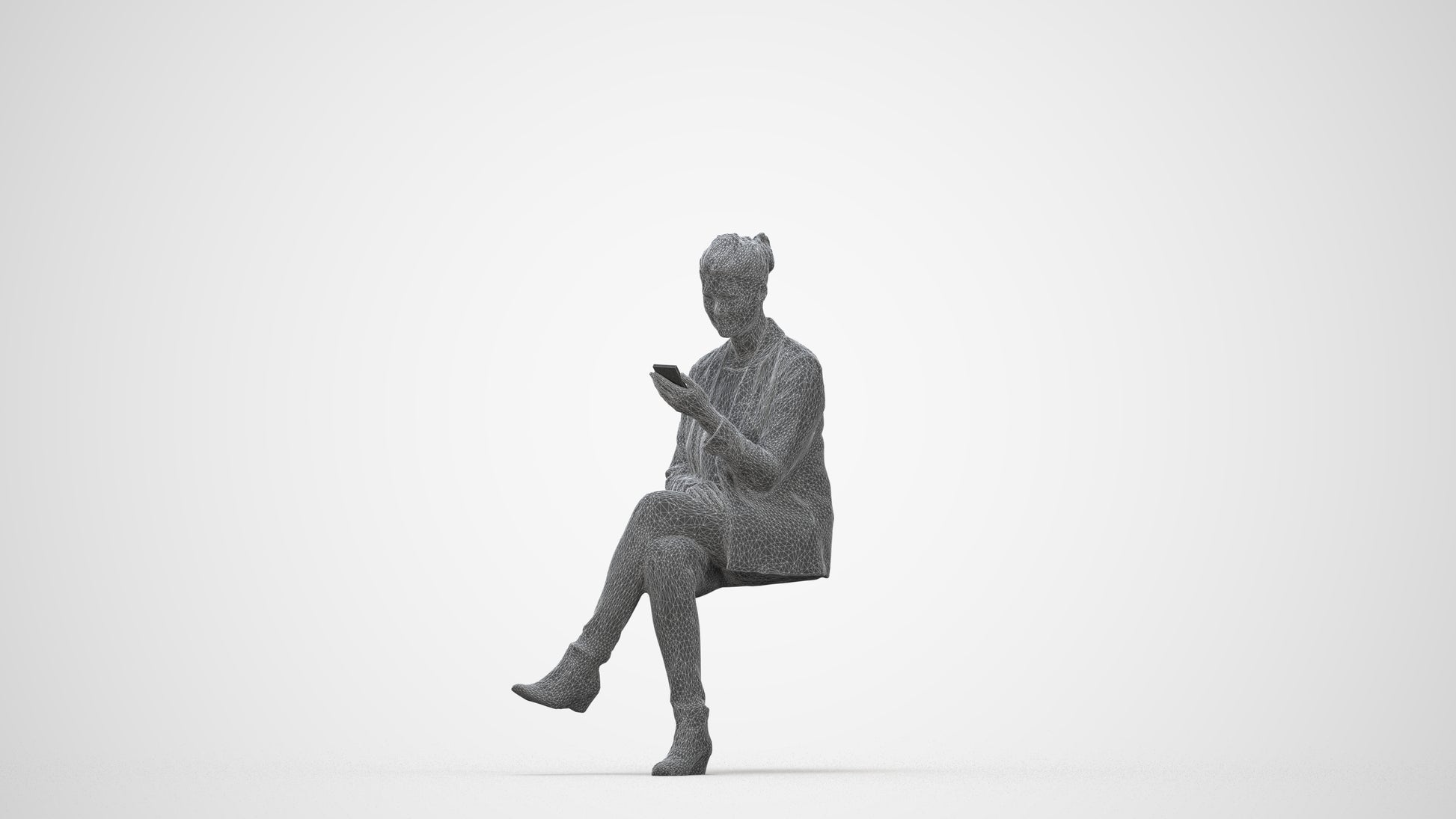 3D scanned woman sitting business, photorealistic archviz people for Enscape and SketchUp, wireframe back view