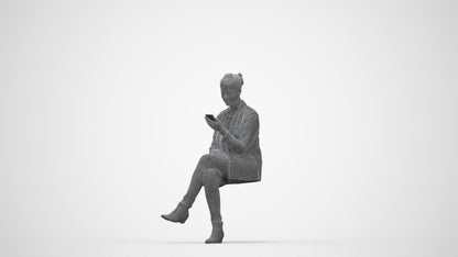 3D scanned woman sitting business, photorealistic archviz people for Enscape and SketchUp, wireframe back view