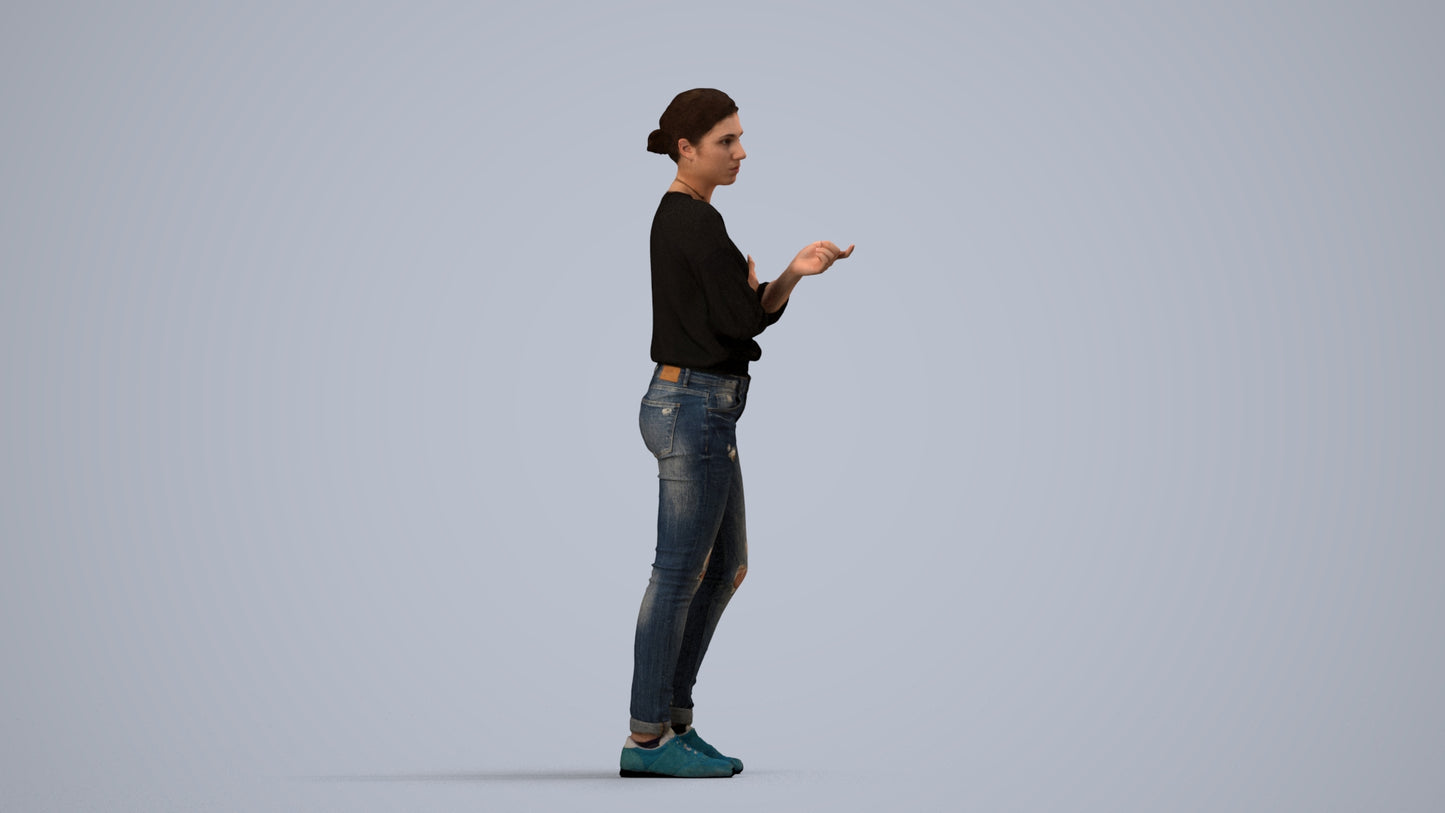 3D human model woman casual standing, photogrammetry scanned person for archviz, side view render
