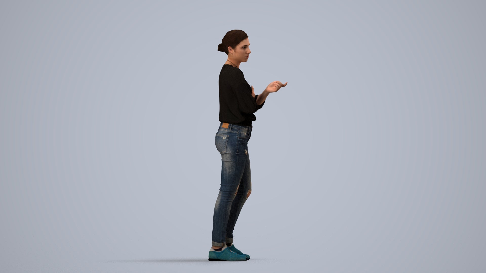 3D human model woman casual standing, photogrammetry scanned person for archviz, side view render