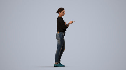 3D human model woman casual standing, photogrammetry scanned person for archviz, side view render