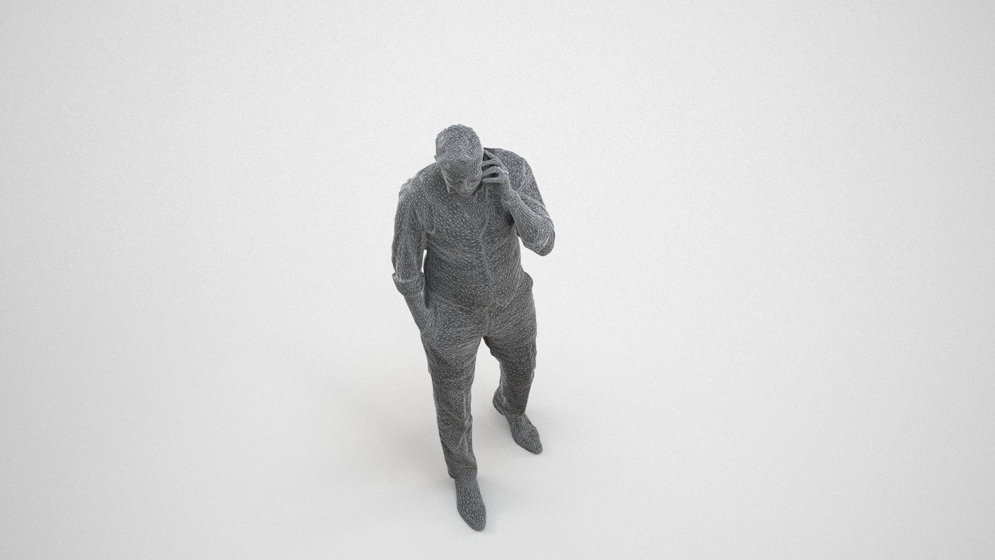 3D human model man business walking, photogrammetry scanned person for archviz, wireframe three-quarter view
