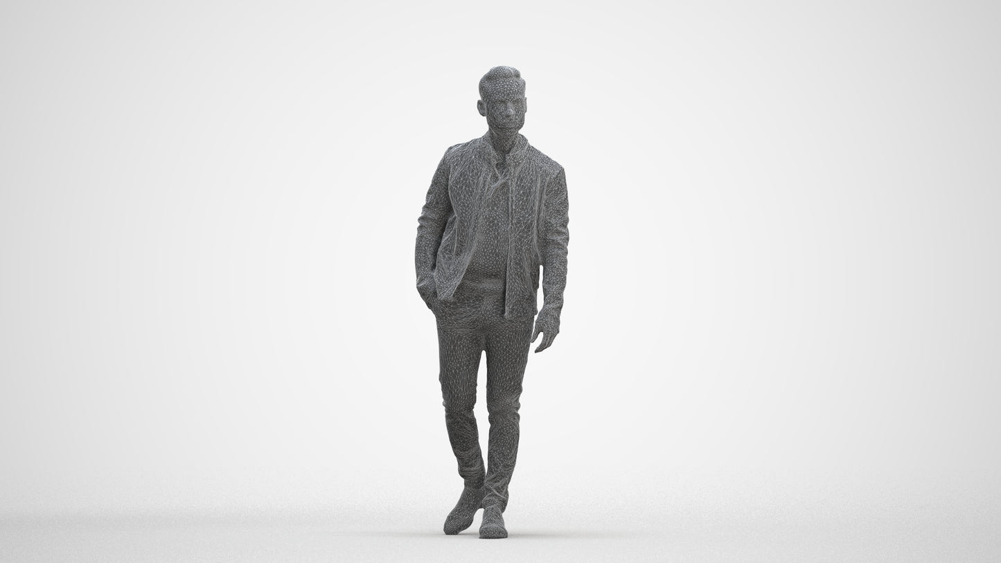 3D scanned man walking business, photorealistic archviz people for Enscape and SketchUp, three-quarter front view render