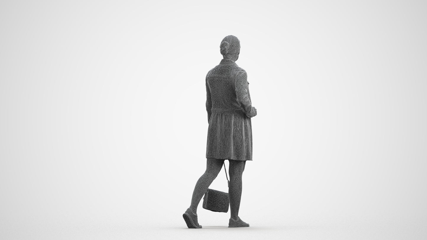 3D human model woman casual walking, photogrammetry scanned person for archviz, wireframe front view