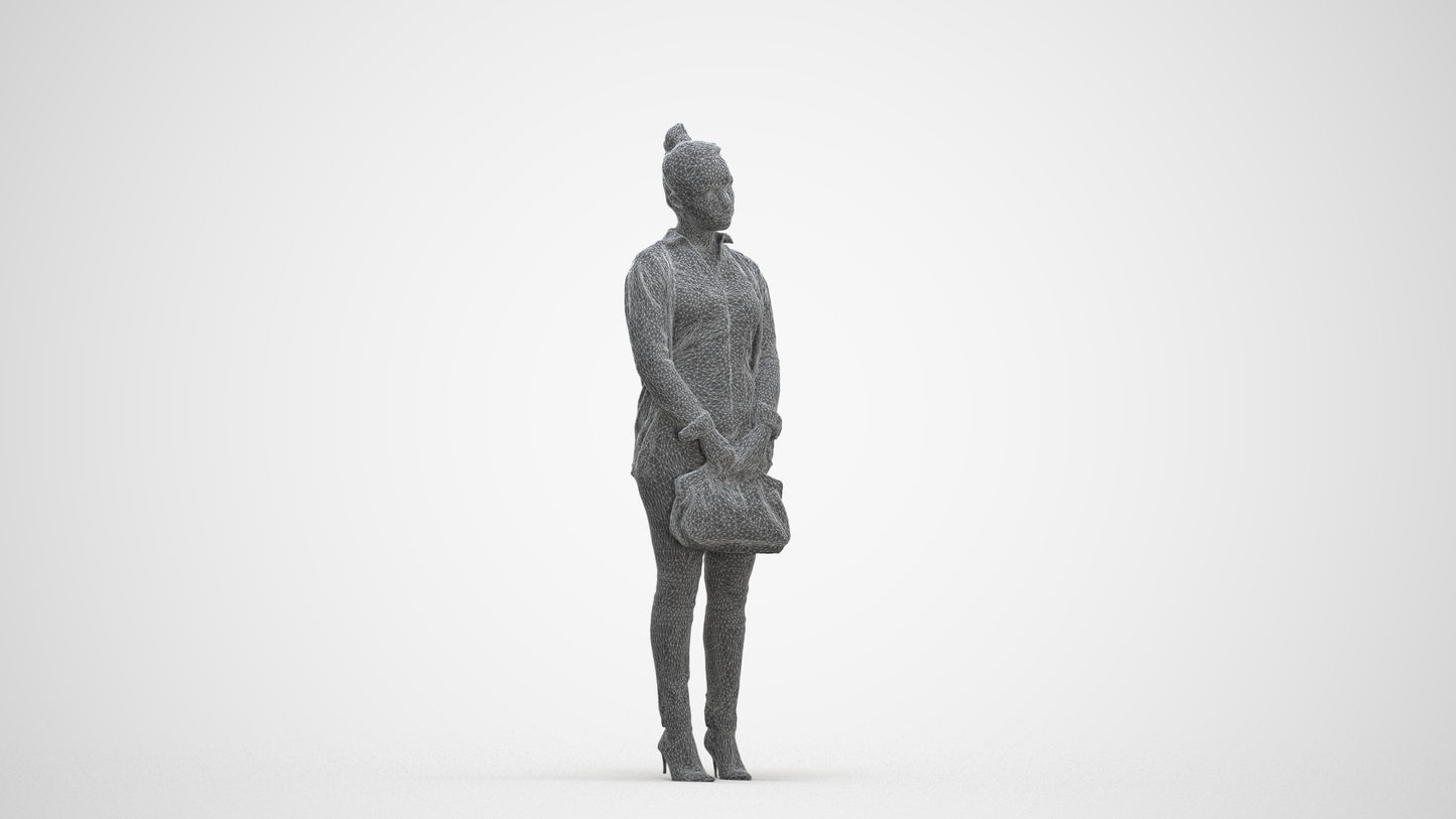 3D human model woman business standing, photogrammetry scanned person for archviz, three-quarter front view render