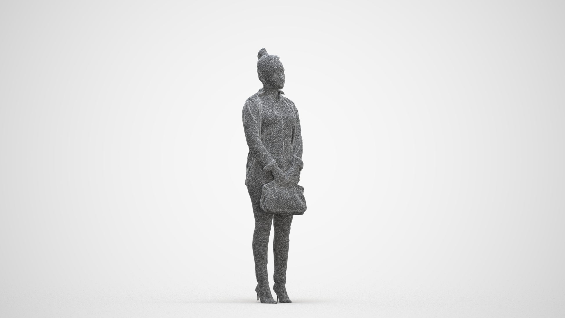 3D human model woman business standing, photogrammetry scanned person for archviz, three-quarter front view render