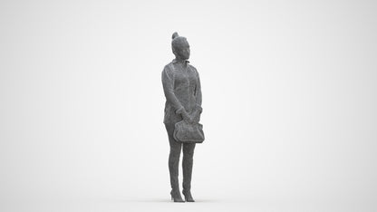 3D human model woman business standing, photogrammetry scanned person for archviz, three-quarter front view render