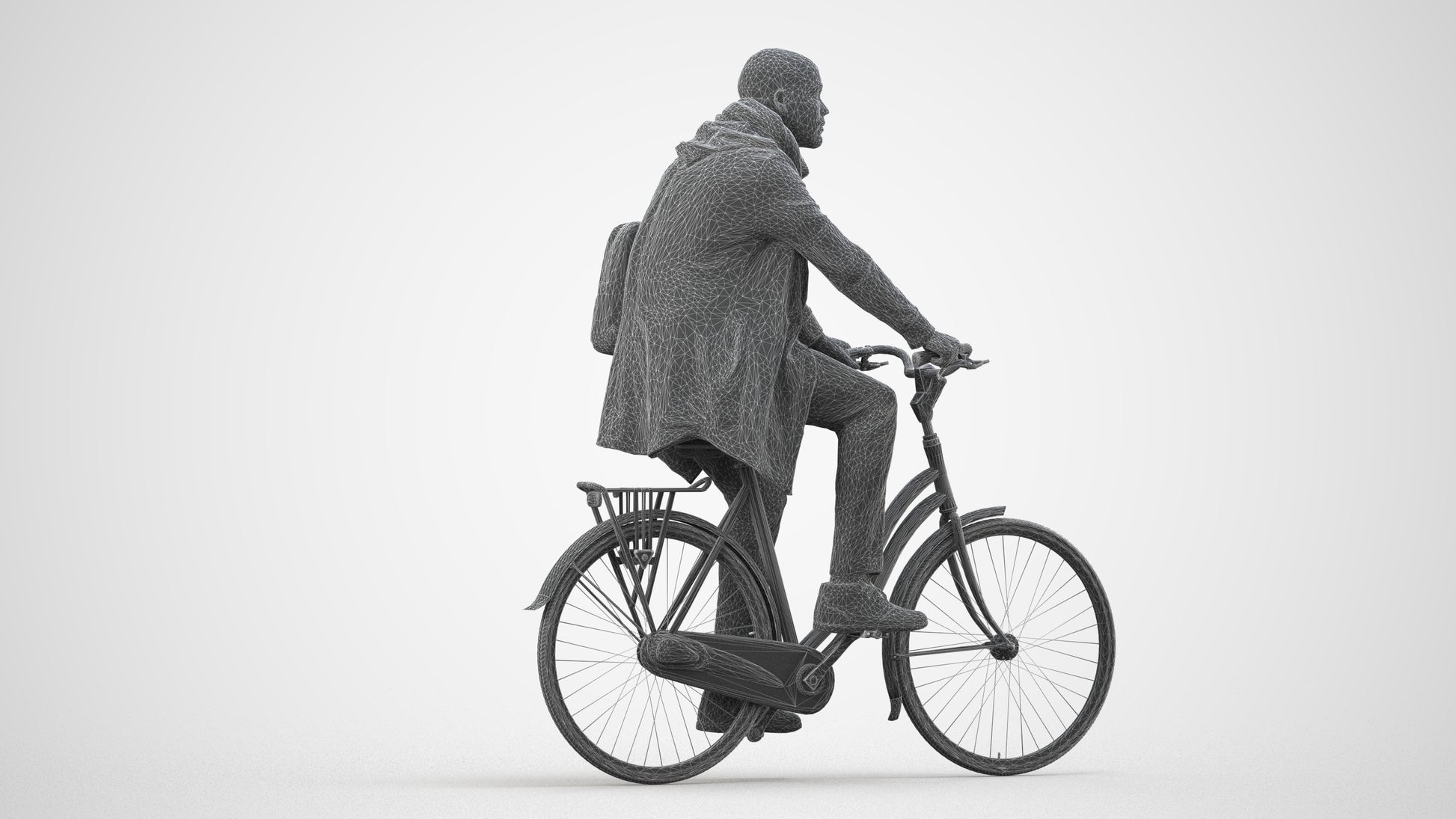 3D human model man casual sitting, photogrammetry scanned person for archviz, wireframe side view